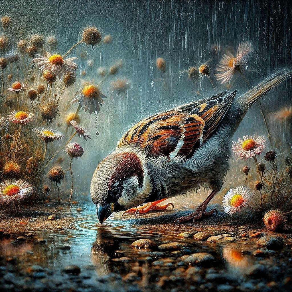 A sparrow in the rain