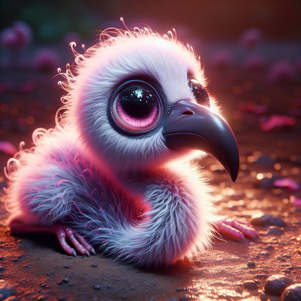 a beautiful scene of a cute fluffy baby flamingo that gazes ...