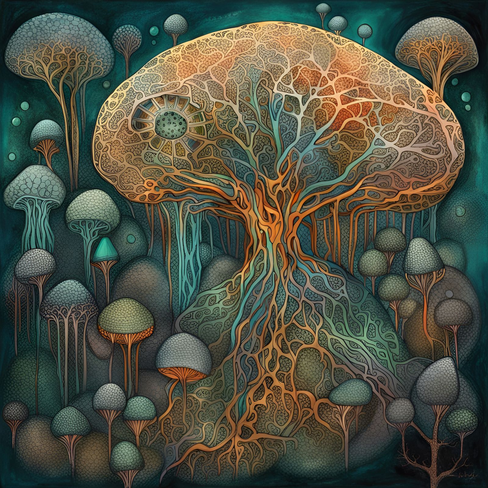 A drawing of a mycelium network, mysterious, beautiful, teal and orange ...