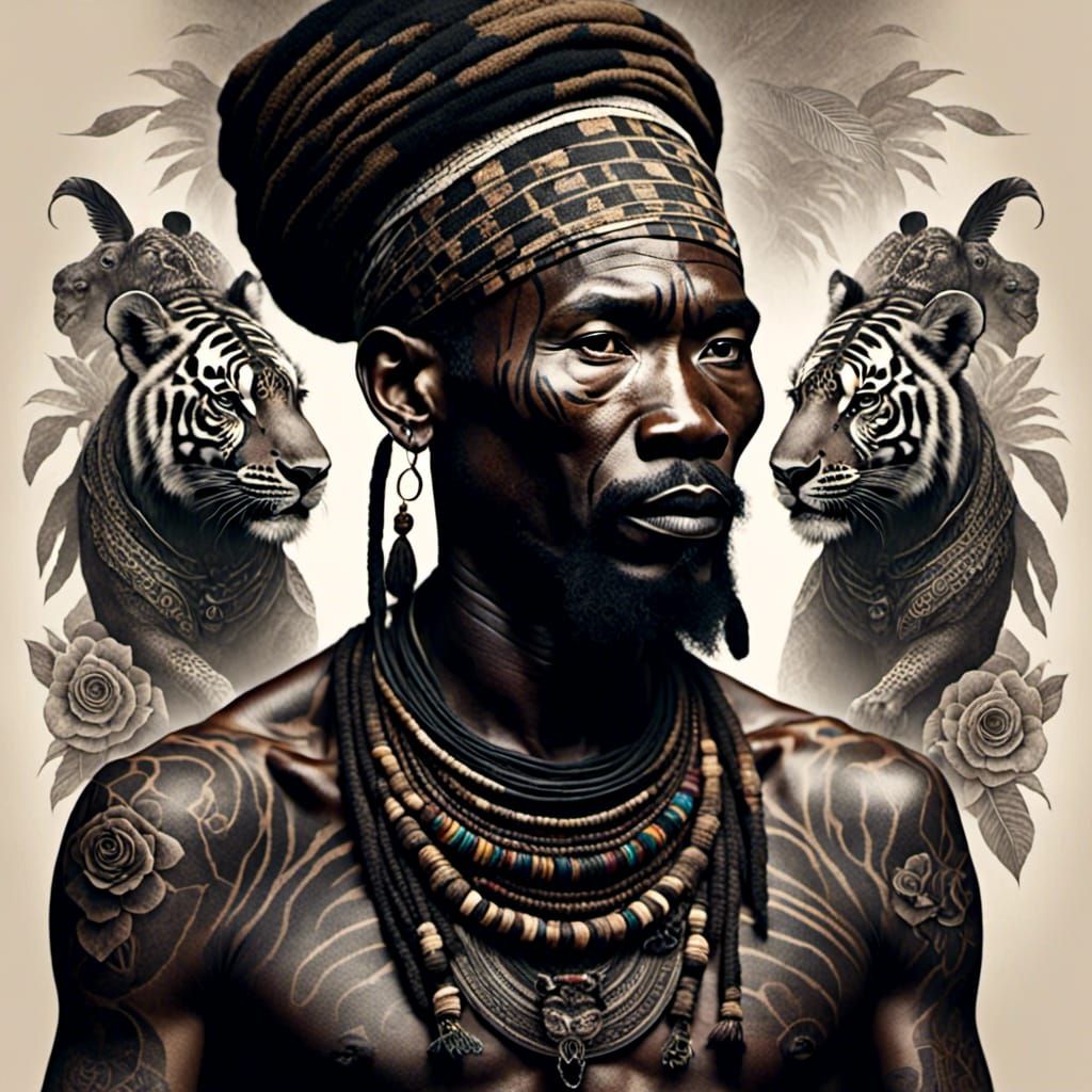 Portrait of a African tribe leader with tribal tattoos <lora:Tattooed:1.2> 