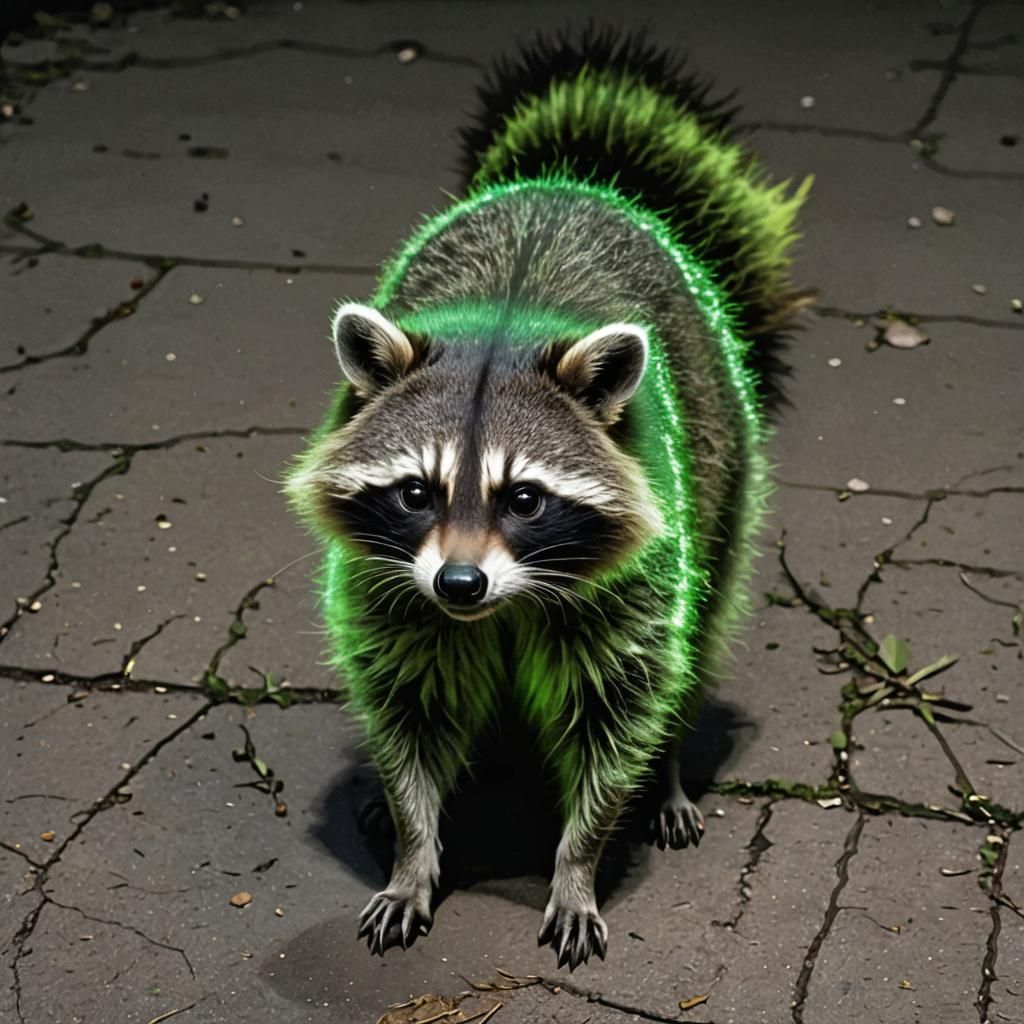 An alien racoon that is glowing green at night
