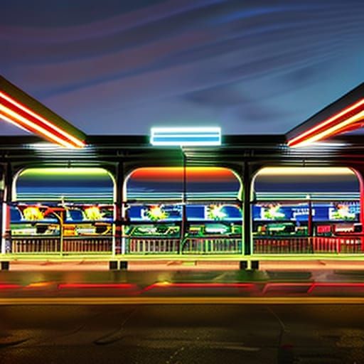 Gas station with neon lights in the middle of a highway, mid...