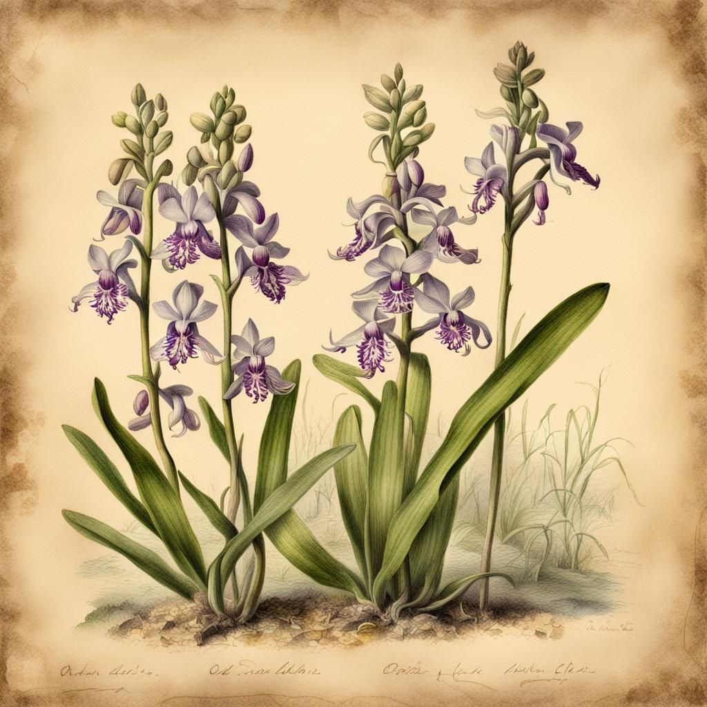 Orchis purpurea botanical drawing, old paper, texture, 