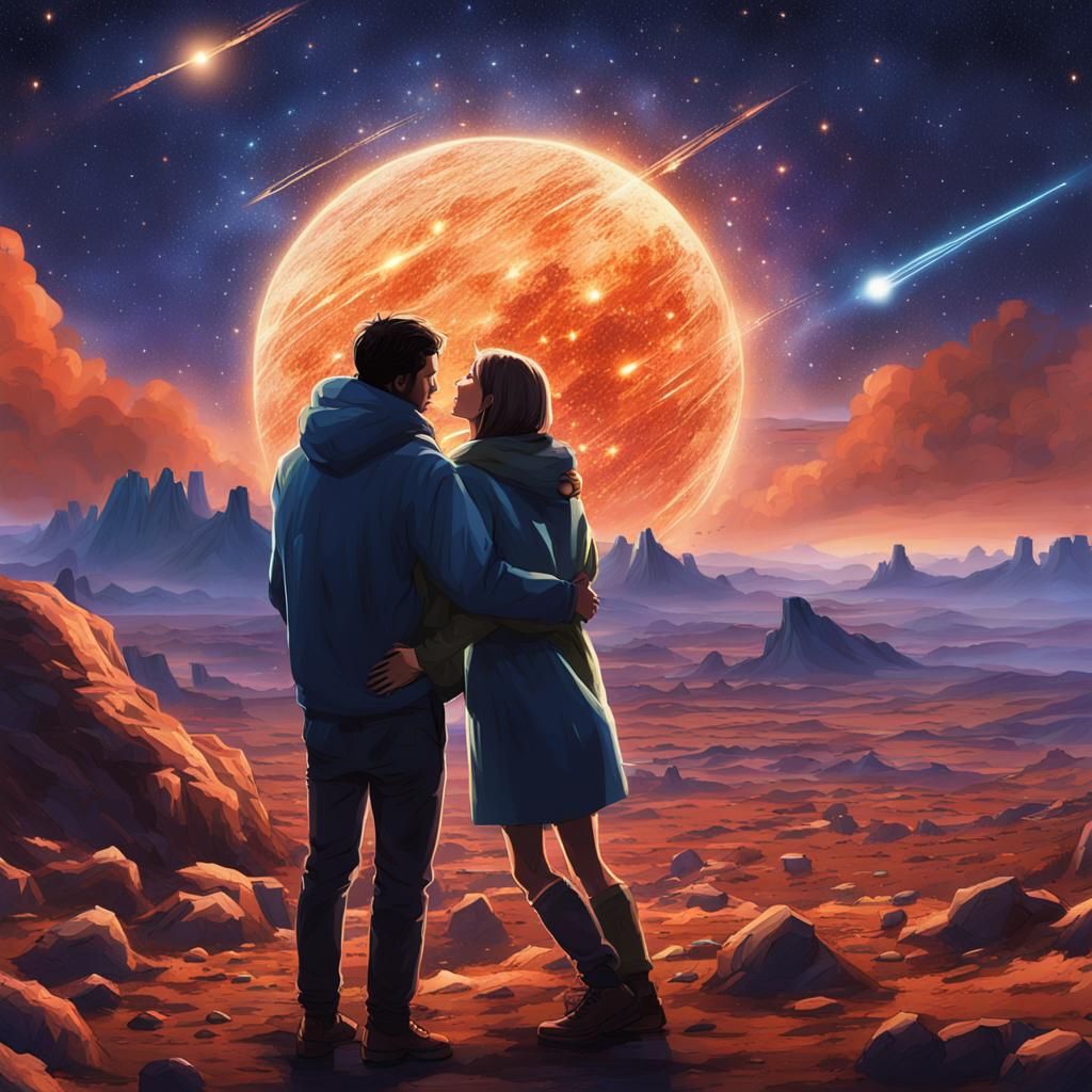 Couple embracing during a meteor shower on a foreign planet