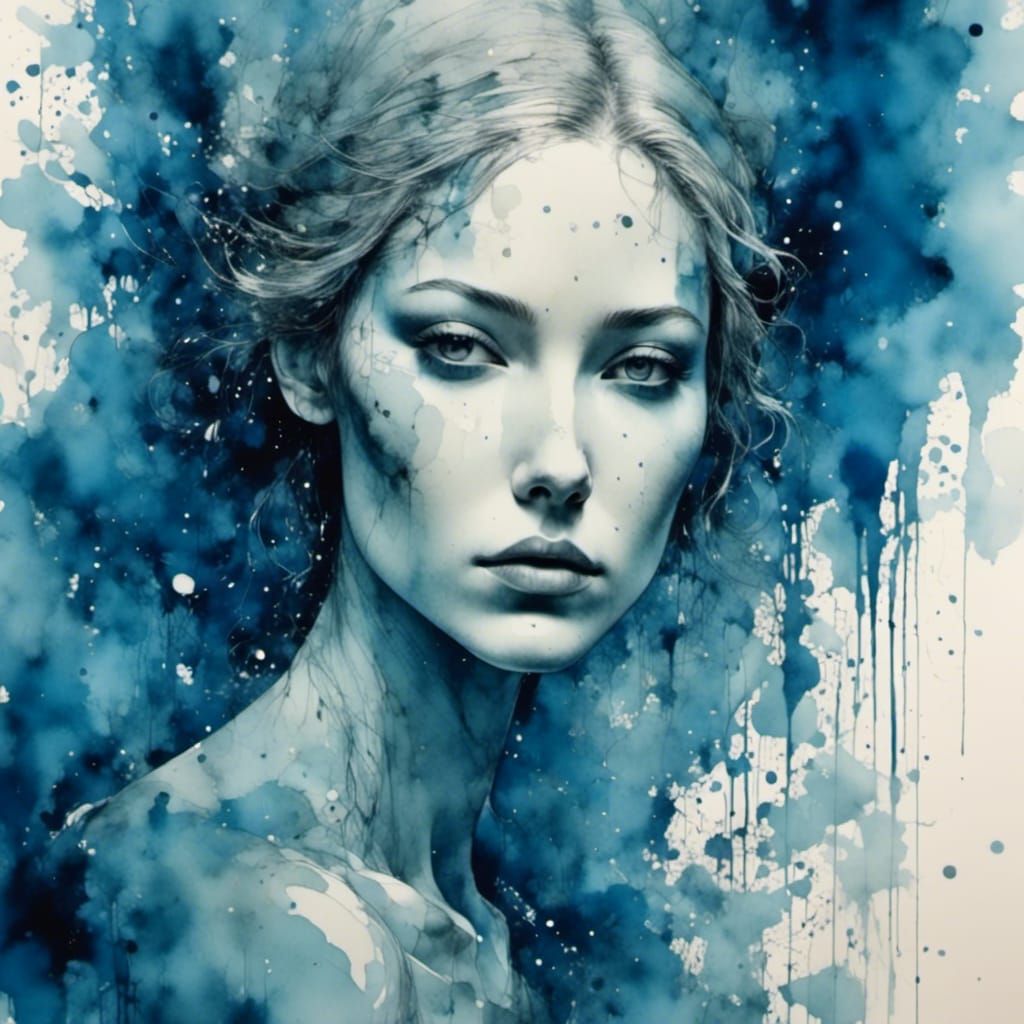 Blue Water Woman in Rothko-Inspired Watercolor