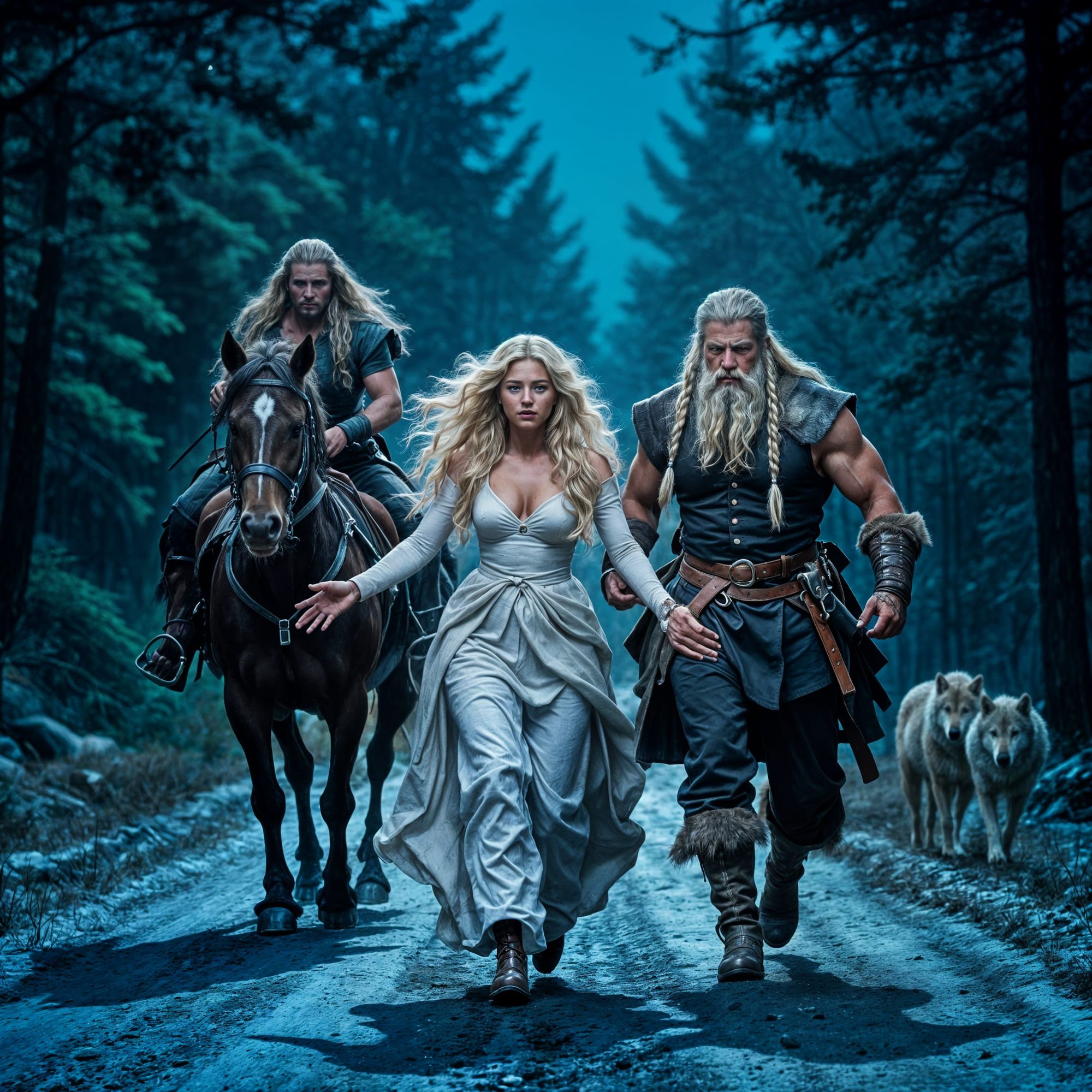 At night in the mountains, two riders ride on horseback along a forest road, one horse jumps out in a panic and throws down a beautiful blon...