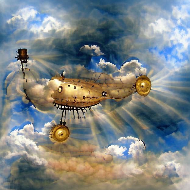 Steampunk Dirigible in cumulus clouds sunshine rays