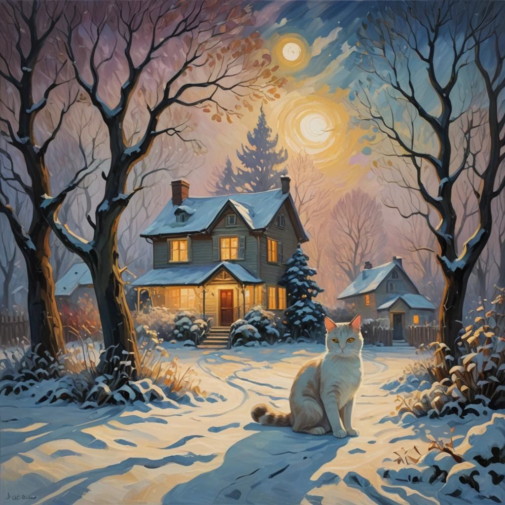 Ghostly Cat in Snowy Garden: Neo-Impressionist Oil Painting