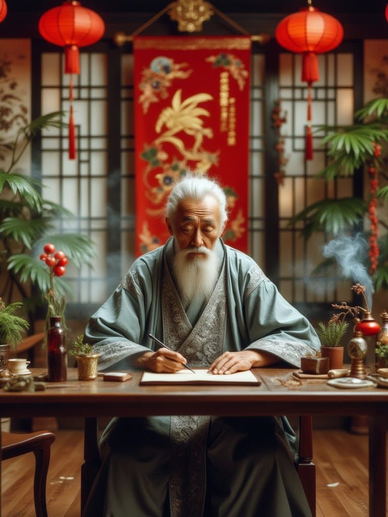 Elderly Taoist Priest in Serene Atmosphere with Incense and ...