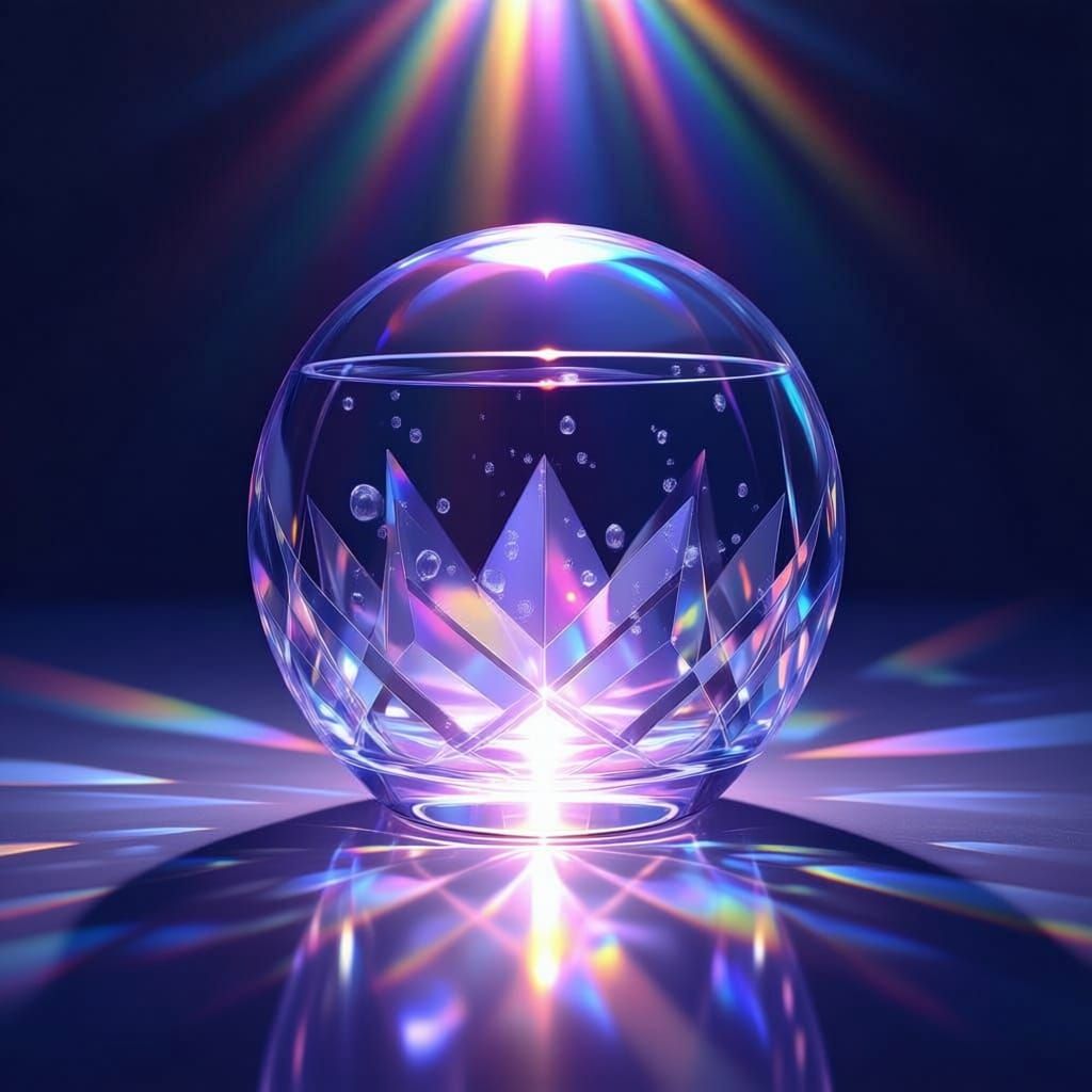 elegante Nahaufnahme eines aufwendig geschliffenen Kristallglases das von einer Lichtquelle angestrahlt wird und das Licht in leuchtende Reg...