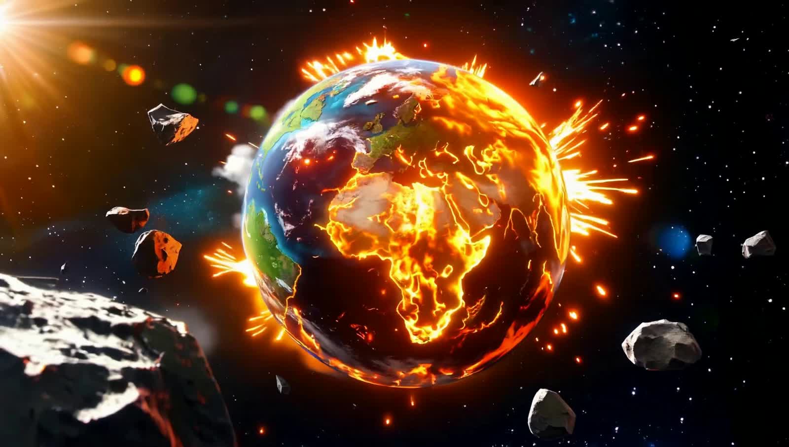 POV time-travel flight from the birth of Earth to today, 10 seconds total, ultra-high quality cinematic video, smooth co...