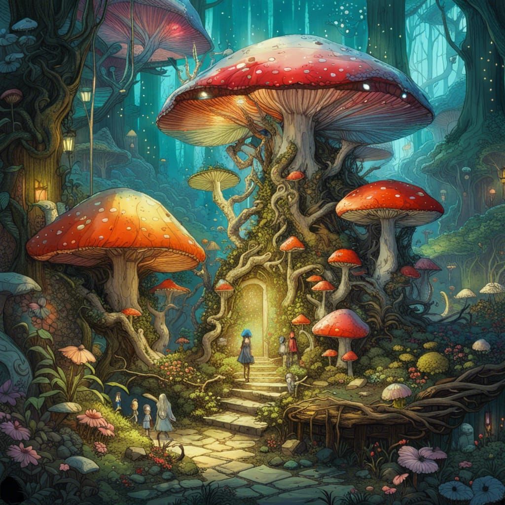 Faeries in a glittering toadstool forest - AI Generated Artwork