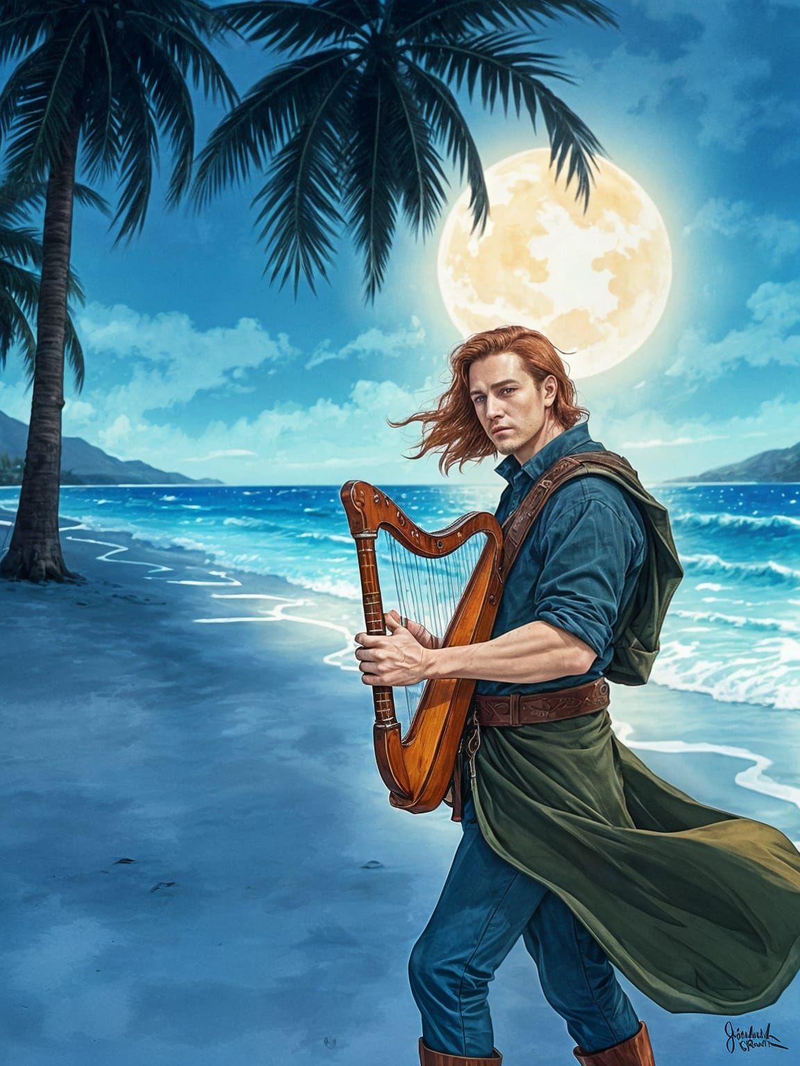 Concept art of a stately bard walking on a serene night beach, under a canopy of palm trees. He is holding a travel harp close to his chest....