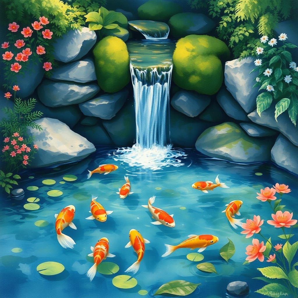 Impressionist Water Scene with Koi Fish and Lush Greenery