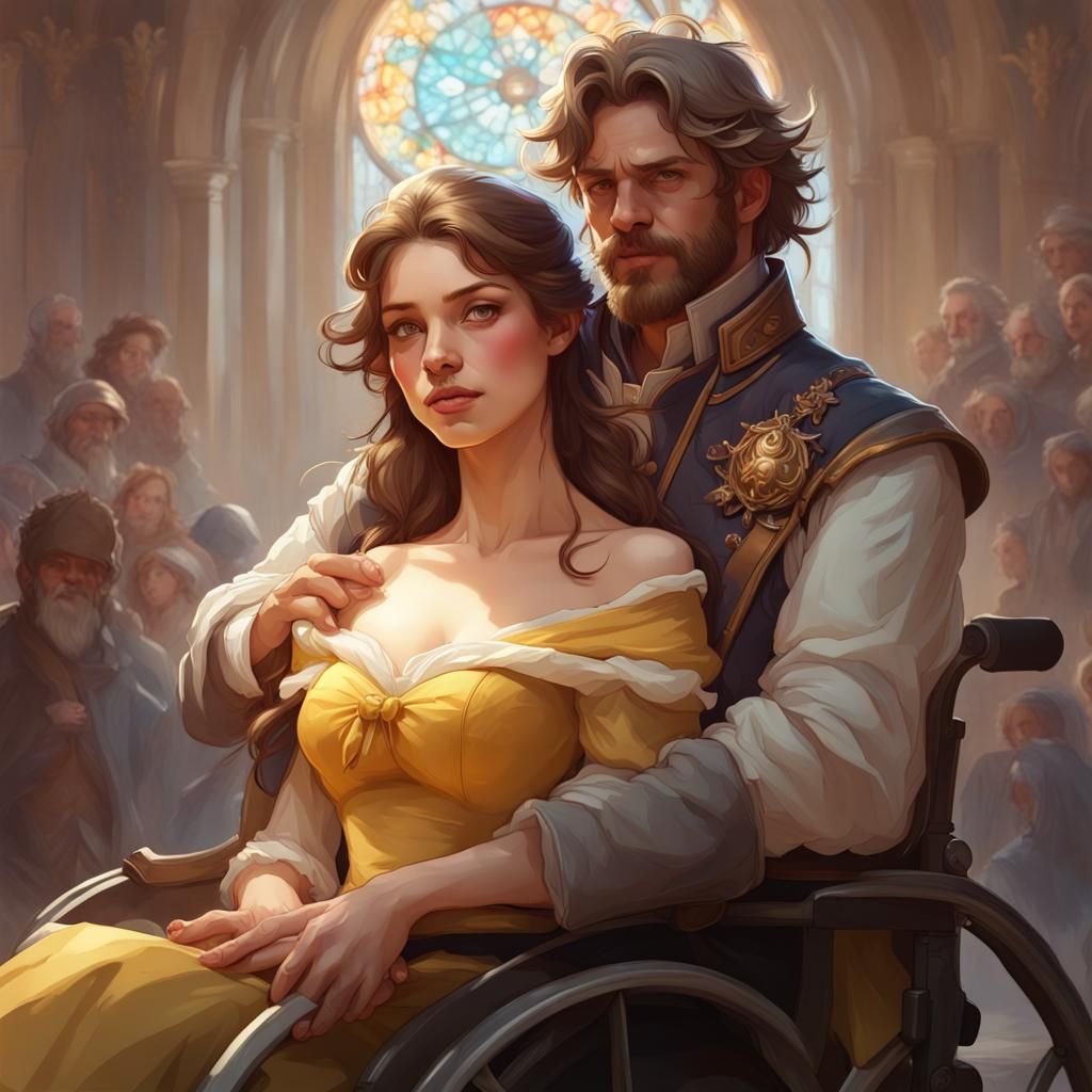 Her Prince is taking Belle out of the wheelchair and carries...
