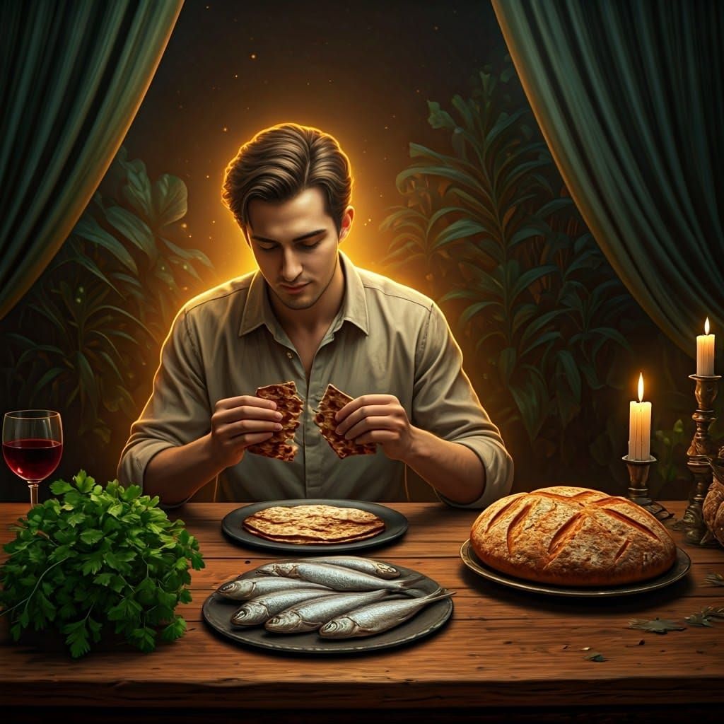 Warm Ambiance of a Young Man Breaking Matzah in a Fantastica...