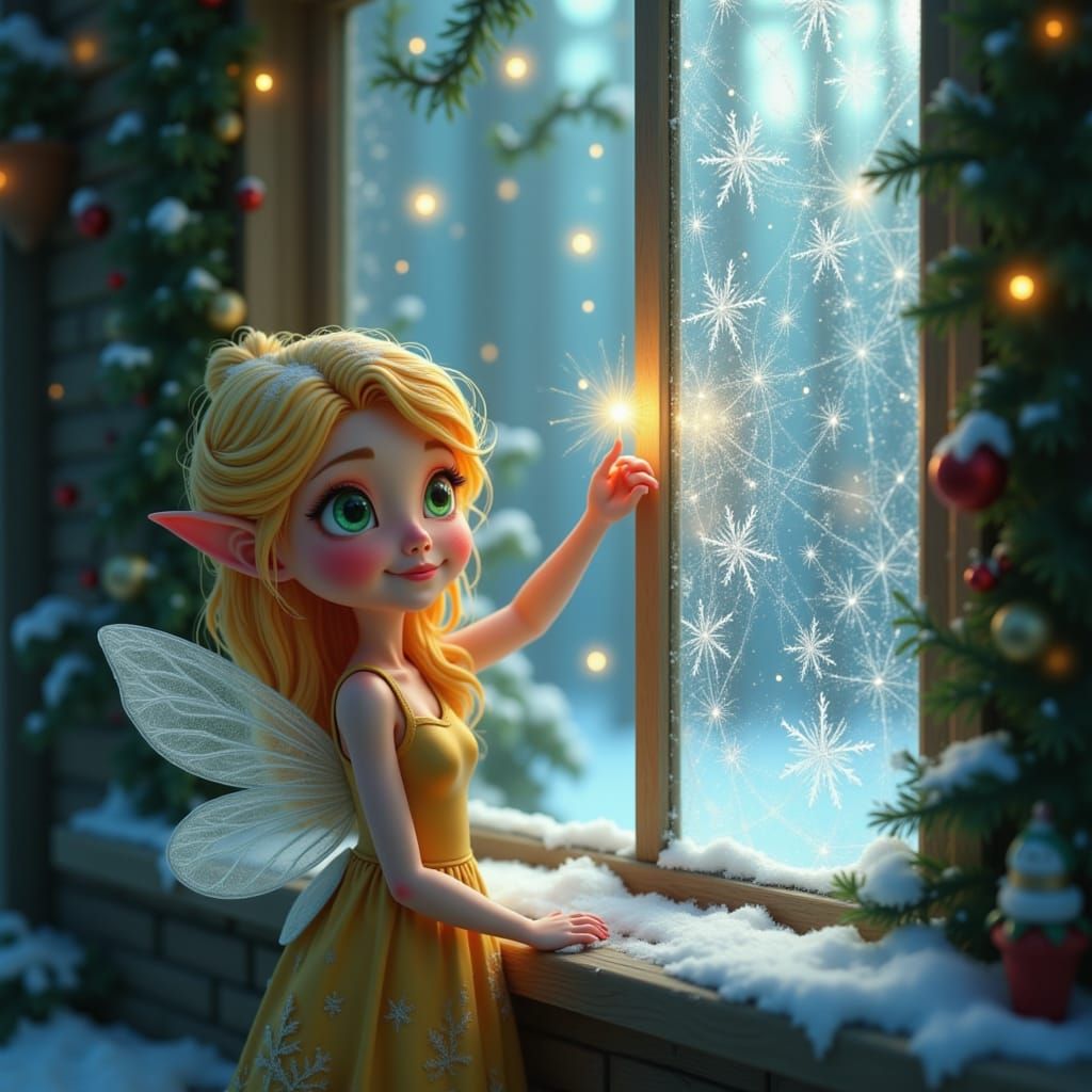 <lora:Lily Fairy Character:1.0>A frost fairy tracing swirling patterns on a cottage windowpane with her finger, each flourish sparkling like...