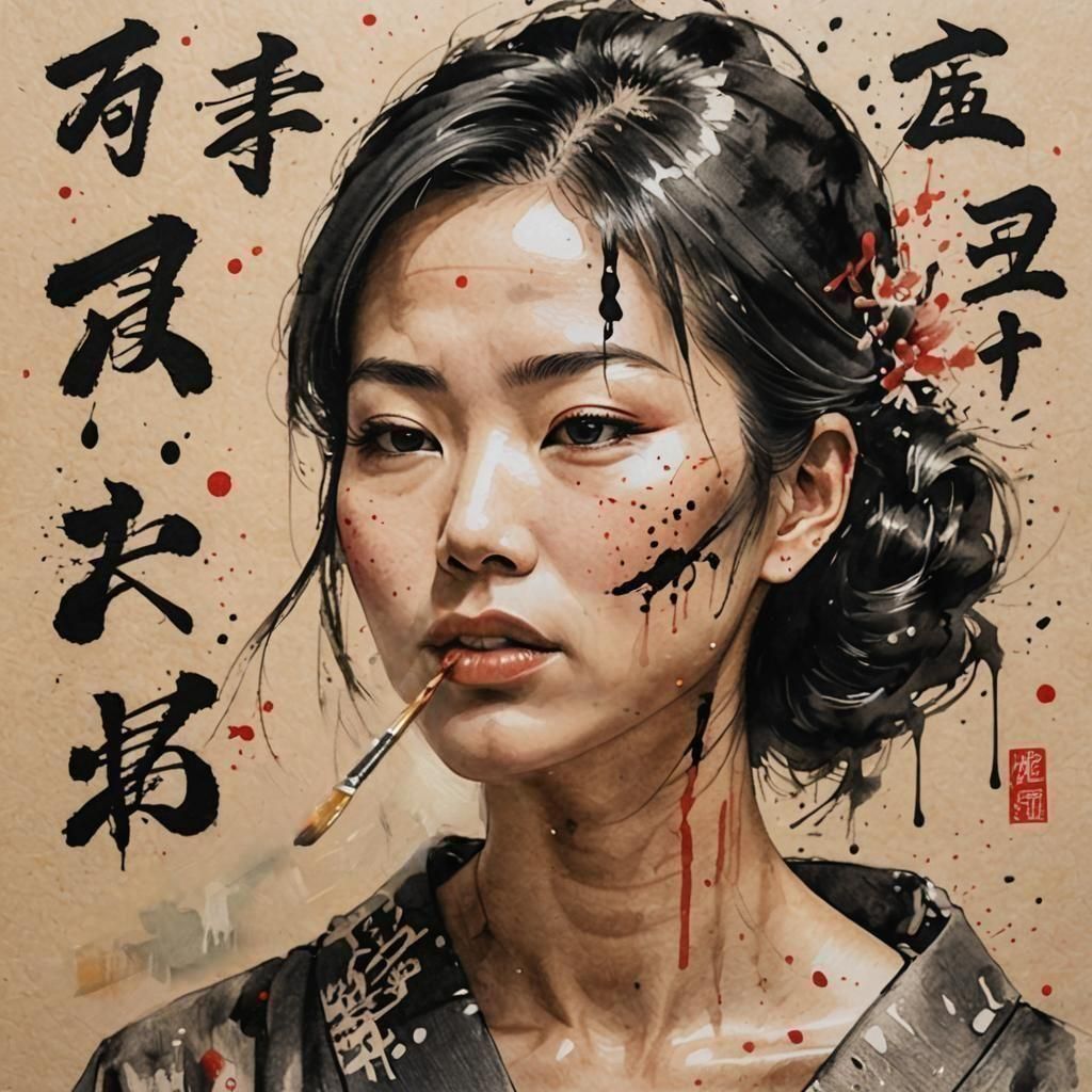 A woman with no arms writes a Japanese haiku with a paintbrush in her mouth. The woman is armless. She has a paintbrush in her mouth. She is...