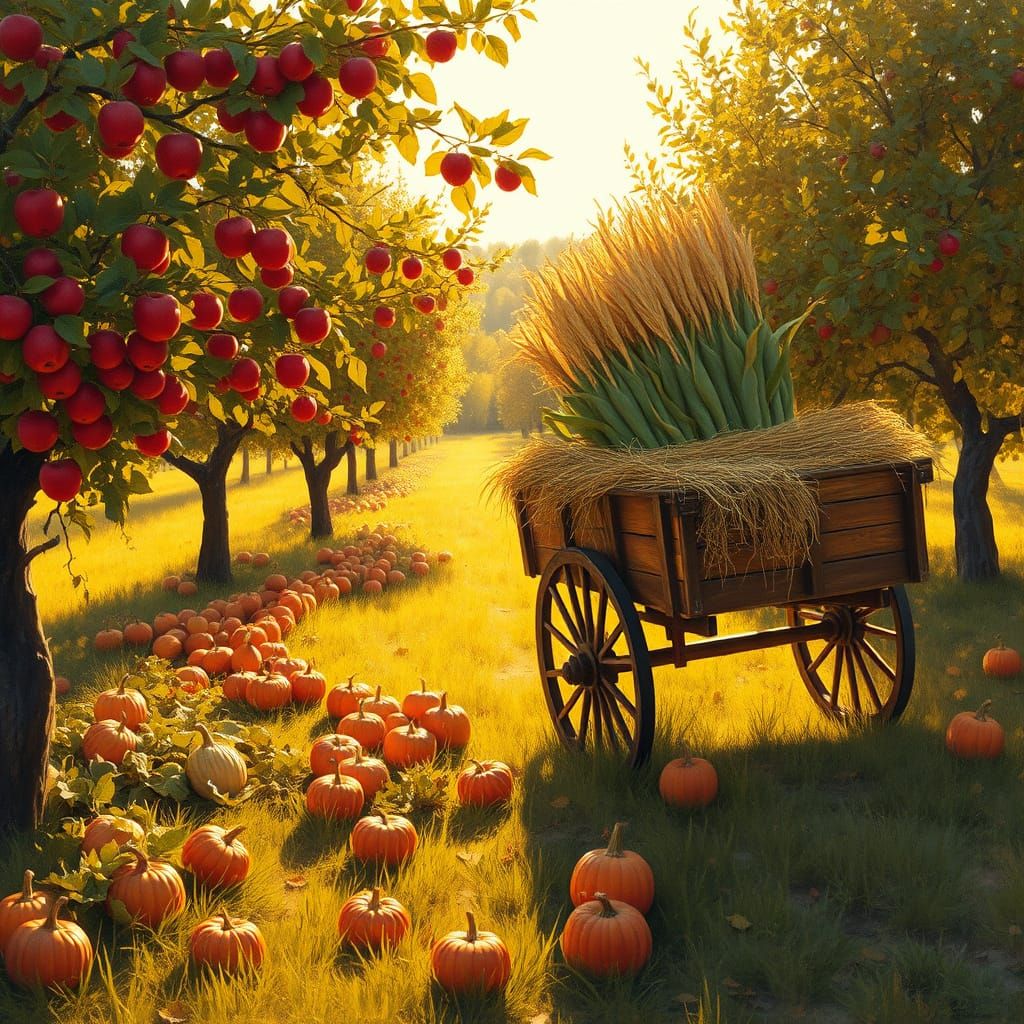 A sun-drenched orchard overflowing with ripe, red apples, with pumpkins and gourds scattered beneath ...  by @werxx83