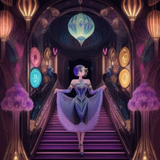 Background Ethereal mushroom-like jellyfish swirling in a enchanted ocean forest. Foreground is art deco. Magical realism. Fluorescence. Art...