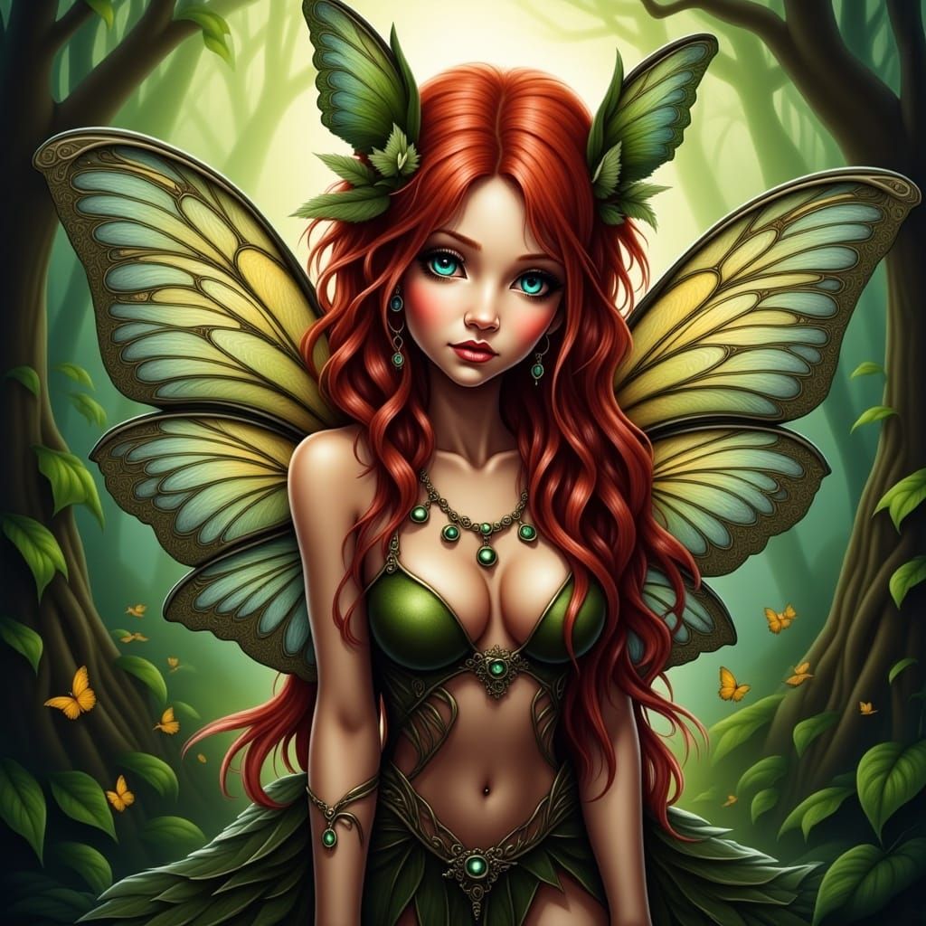 <lora:MrsH Enchanted:1.0> Q beautiful female punky pixie faerie: full body pose, amazing iridescent tattered filigree wings: mischievous and...