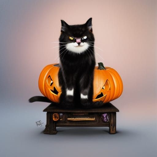 Halloween kitty sitting on a cute carved pumpkin sinister by...