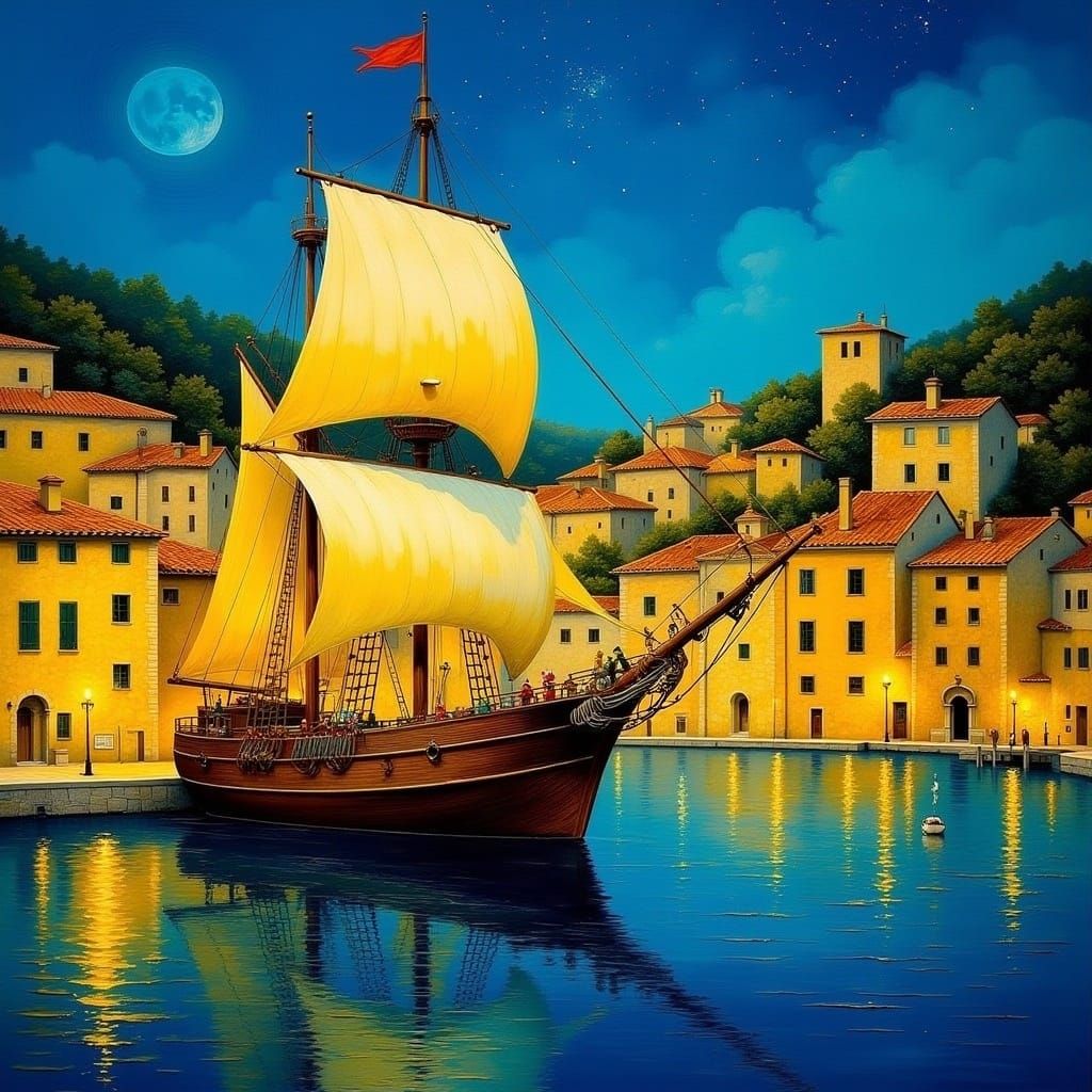 <lora:MEDITERRANEAN TOWN F:1.0> a tall ship on the bay waters, among the buildings of a harbour,under a starry night, houses below, meditter...