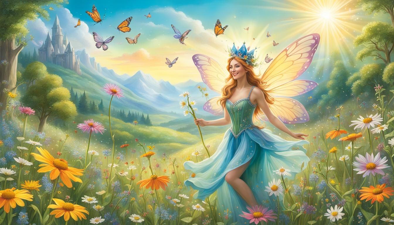 A whimsical scene of a fairy kingdom, spanning all four seas...