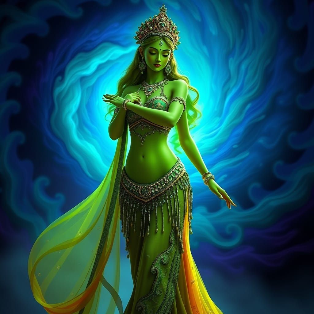 Elegant Goddess in Vibrant Green Aura