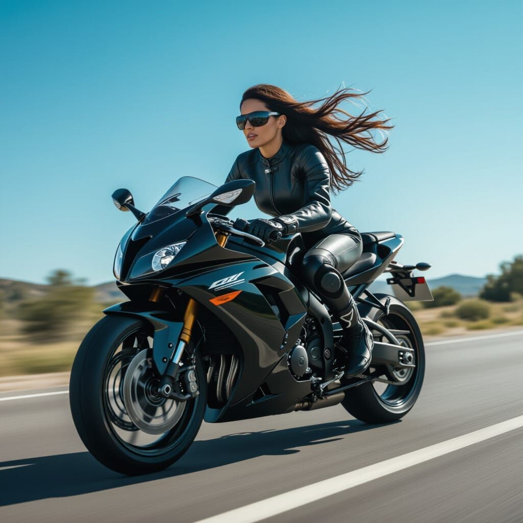 Confident Woman Rides Sport Motorcycle at High Speed