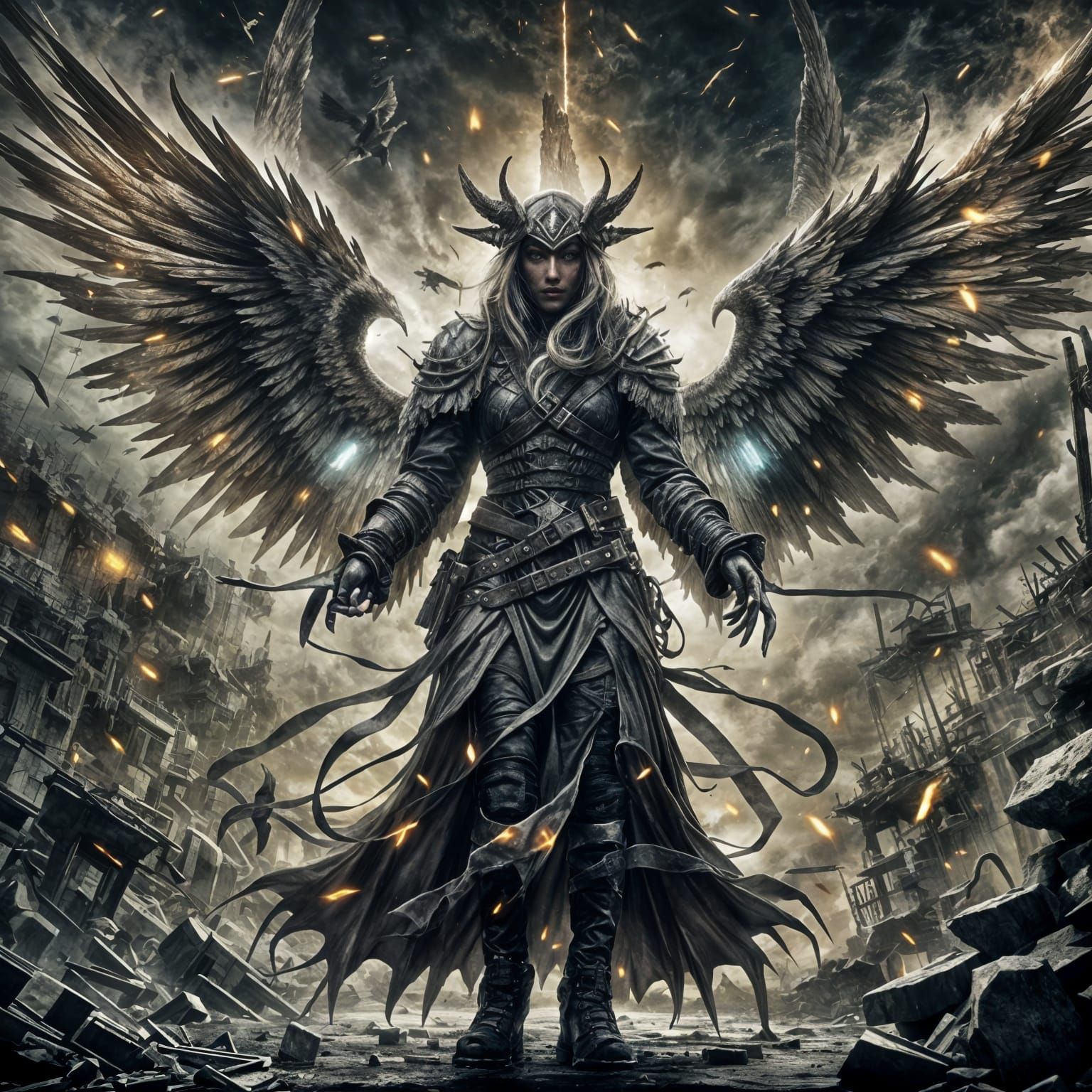 Melancholic Fallen Angel in Apocalyptic Landscape