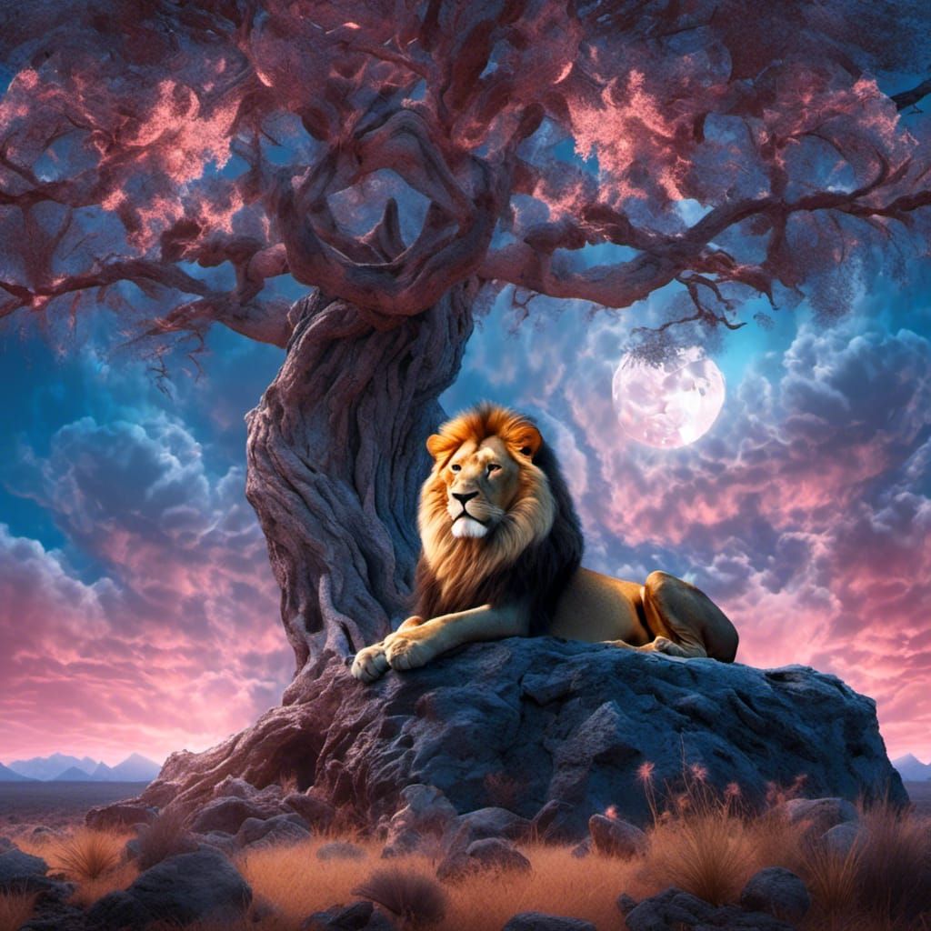<lora:Level:1.0> A digital painting of a lion near an ivory tree. Head up high. Moonlit  Ethereal lighting with soft pink and blue hues. Ep...
