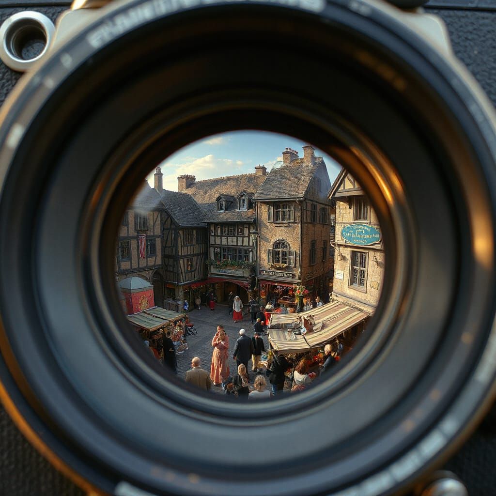 For World Photography Day, imagine a vintage camera lens reflecting a bustling marketplace in a medieval ...  by @Inkspire