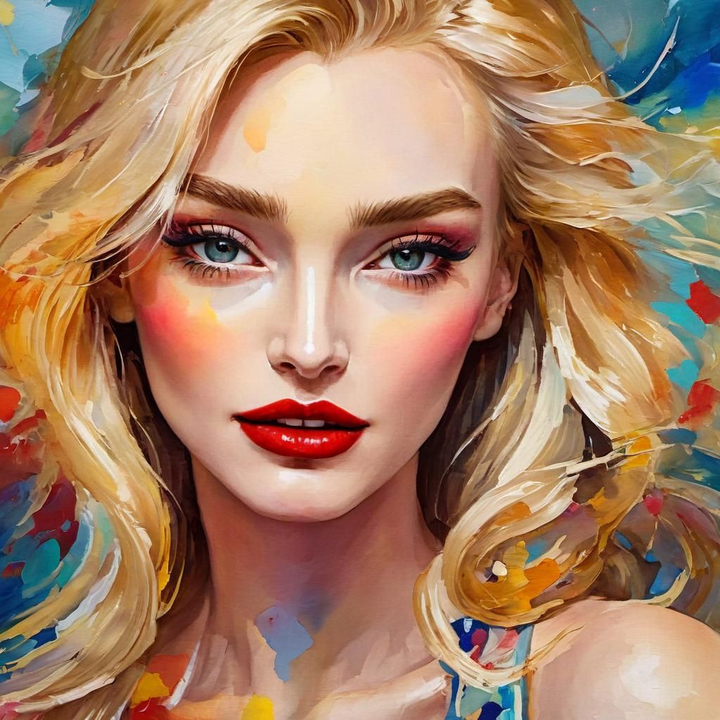 Blonde Bombshell on Beach: Impressionist Oil Painting