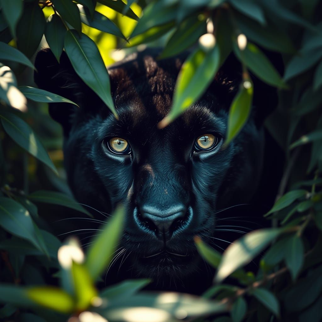 Black Panther Portrait in Jungle, Hyperrealistic Wildlife St...