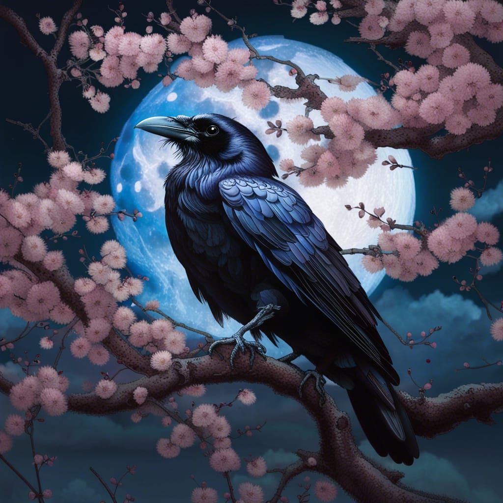 Raven with soft iridescent feathers on a cherry blossom tree under a ...