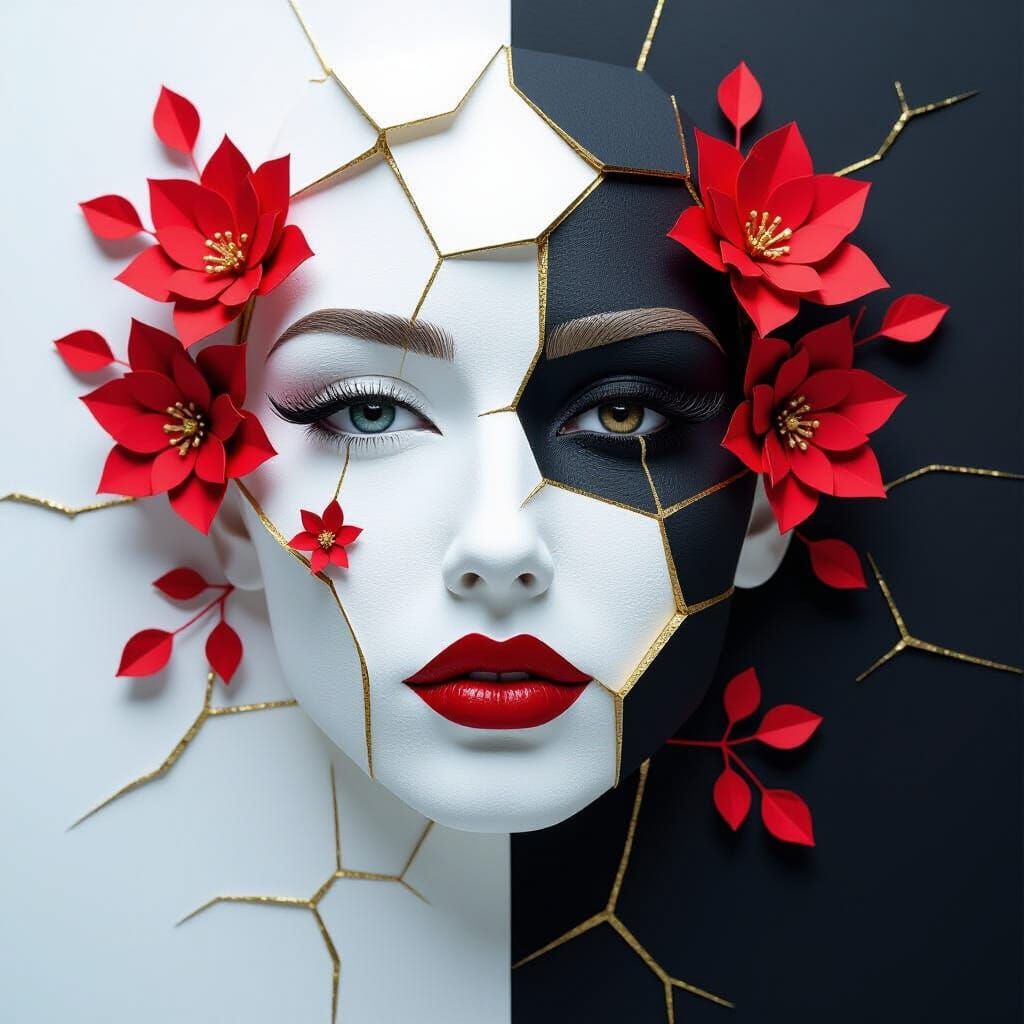 Woman's Face Portrait of Cracked Plaster and Papercraft