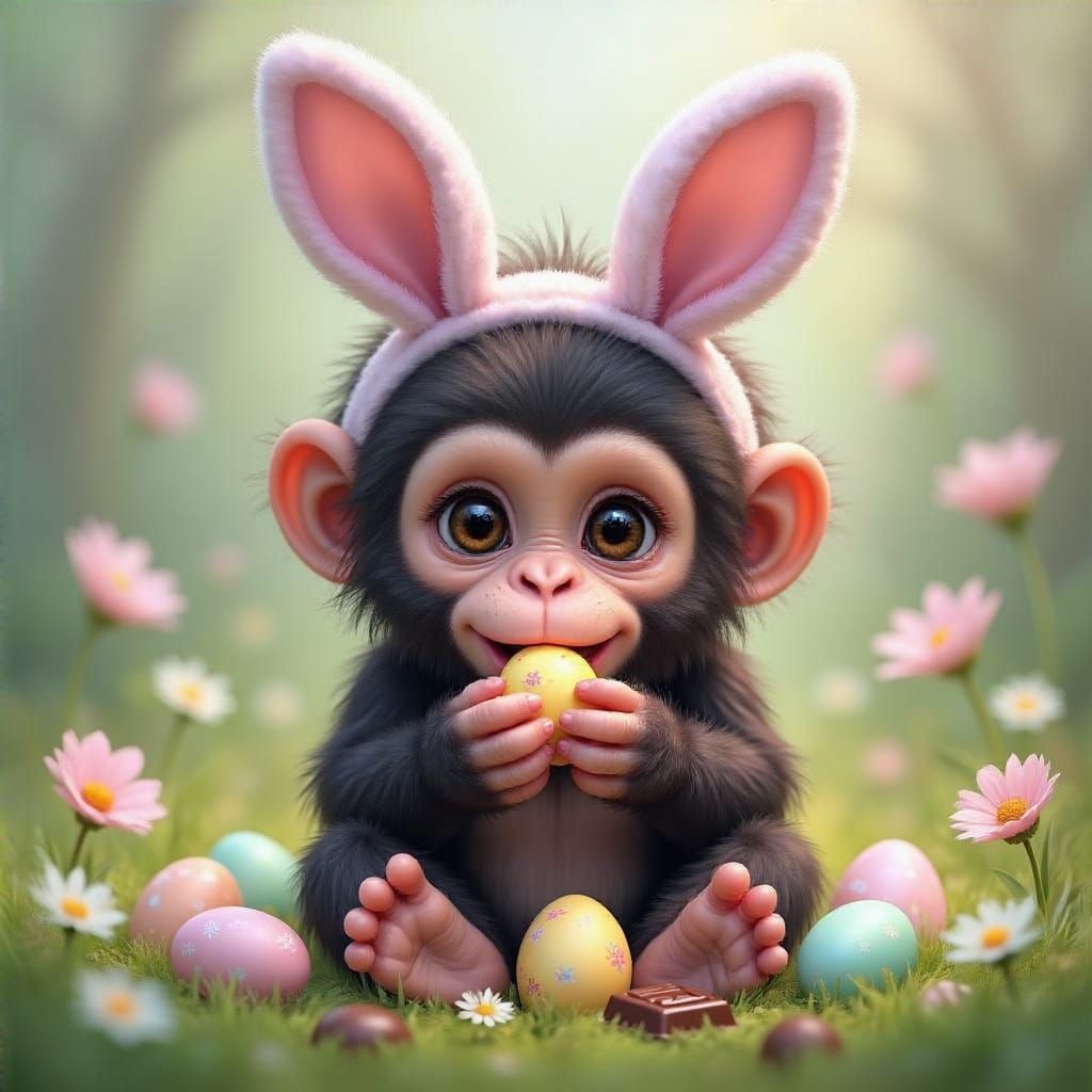 Surreal Easter Chimpanzee in Soft Pastel Illustration Style