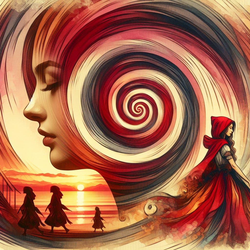 Spiriling Double exposure red riding hood Digital watercolor ...