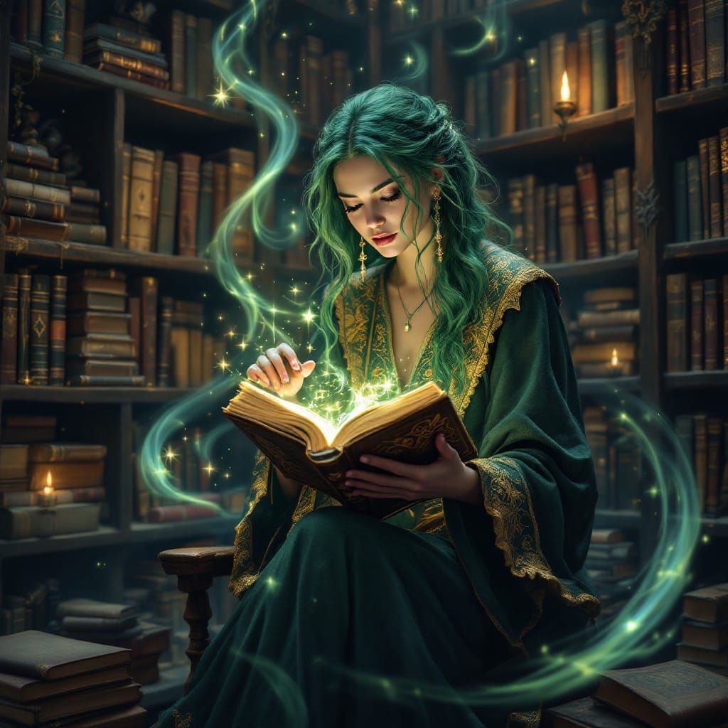 Beautiful green haired witch, reading a tome of magical glowing spells in a library of books