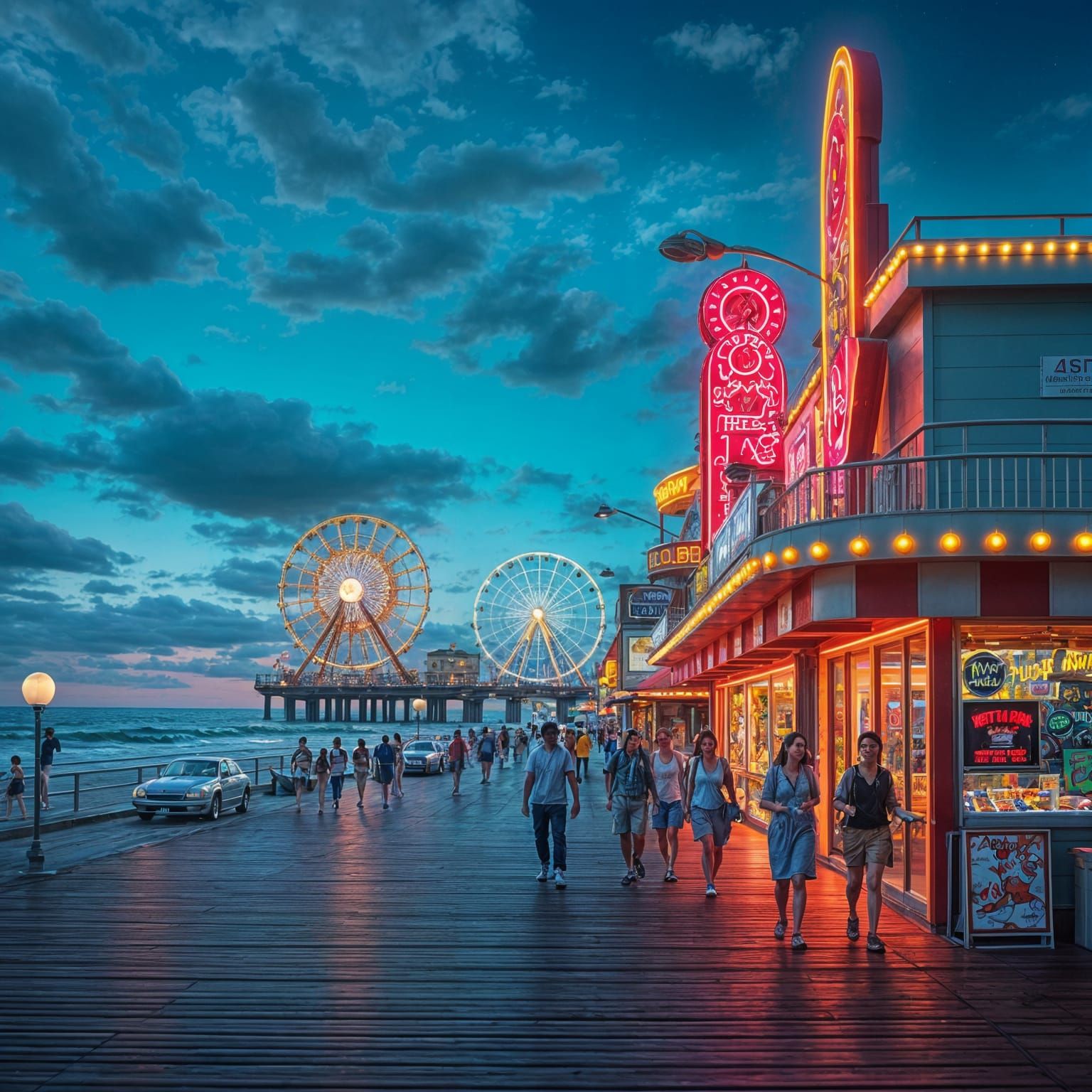  a quiet boardwalk scene with glowing signs, a distant ferris wheel, and the sound of crashing waves. 