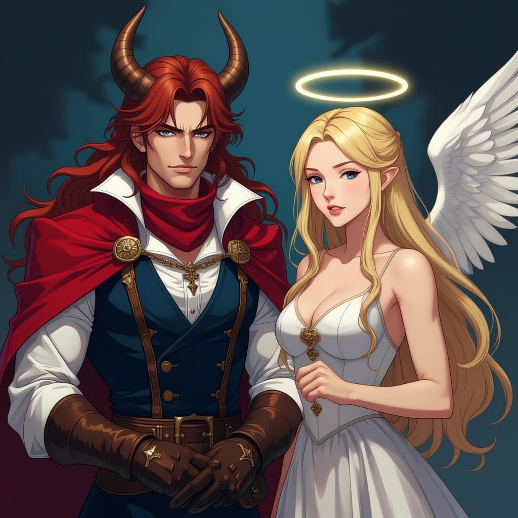 Hombre apuesto anime color de jojo's rojo alto largo  estilo Castlevania cabello caetano con cuernos delmonico pile clara