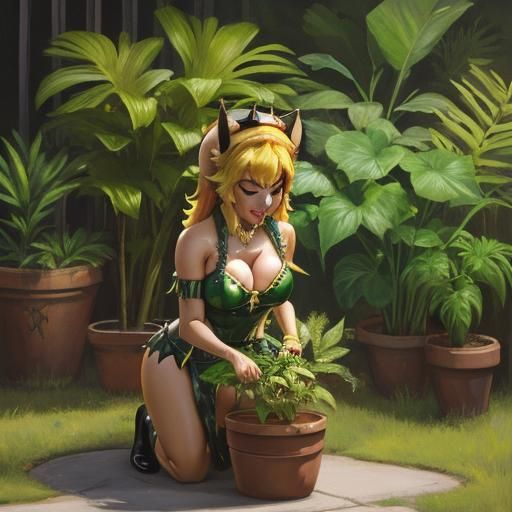 oil painting of bowsette watering her pirahna plants