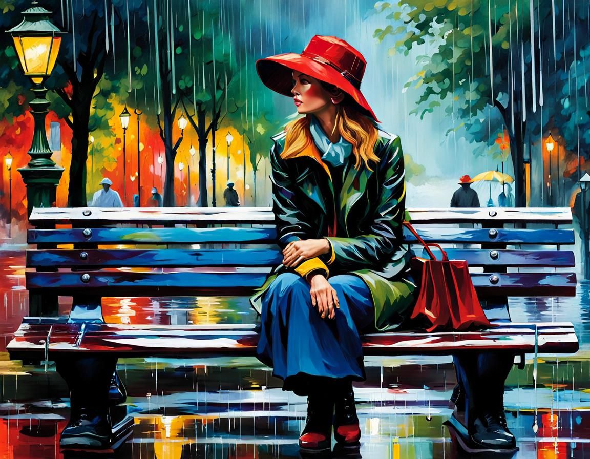 Beautiful woman sitting on the park bench in the rain sad and lonely letting dew-drops wash her sadness ...  by @undefined