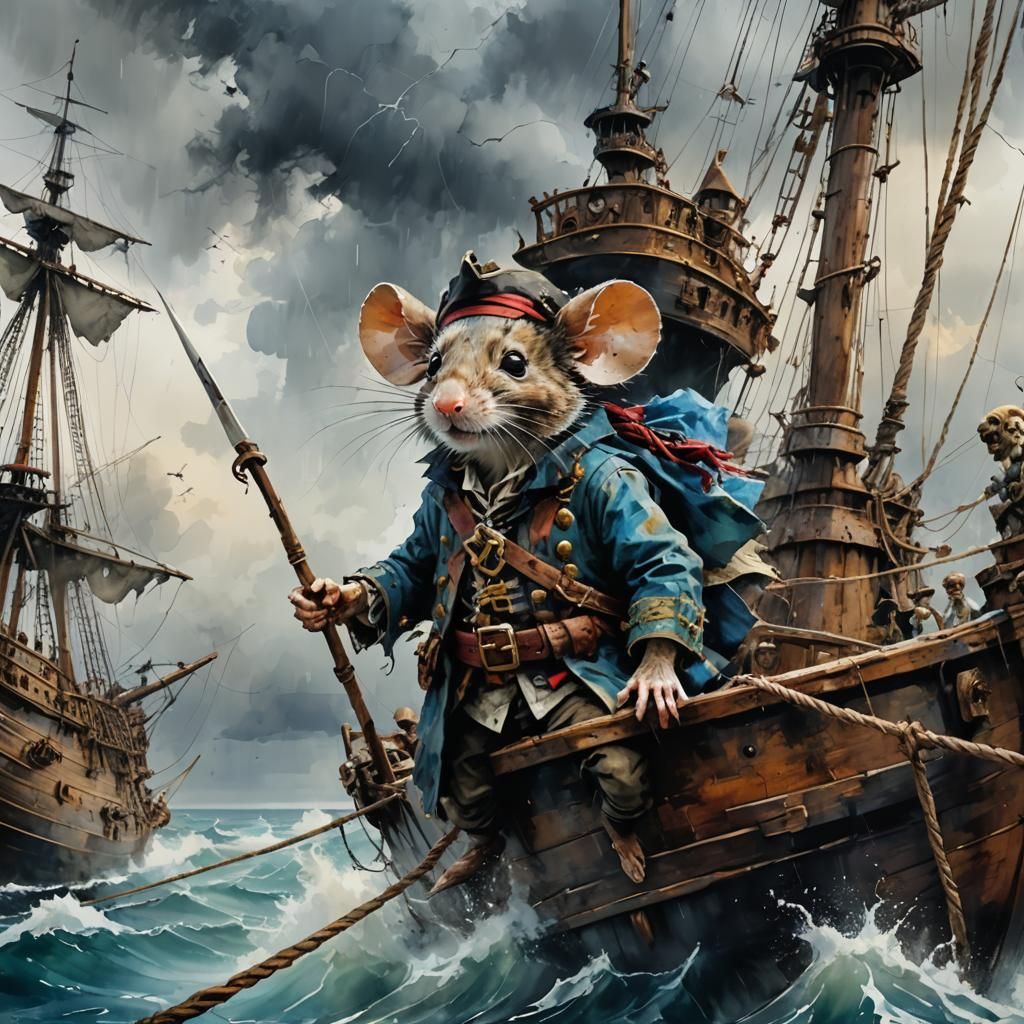 Anthropomorphic mouse pirate boarding a pirate ship on a stormy day minimalist, Wadim Kashin, Willem ...  by @PJs AiArt