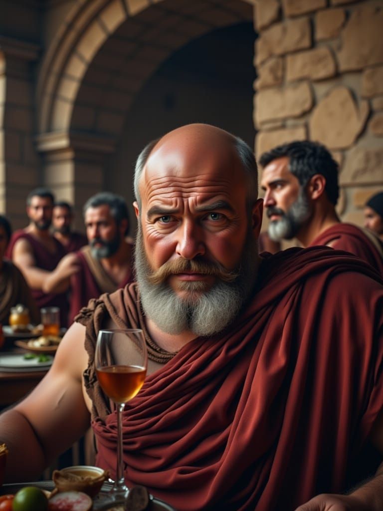 A breathtaking, high-resolution image Extreme close up of  one grey-haired <lora:SPQR male:1.0> , bald spot and overweight man in a burgundy...