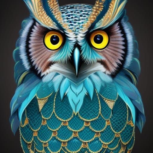 A intricately detailed owl face. The owl has beautiful teal ...