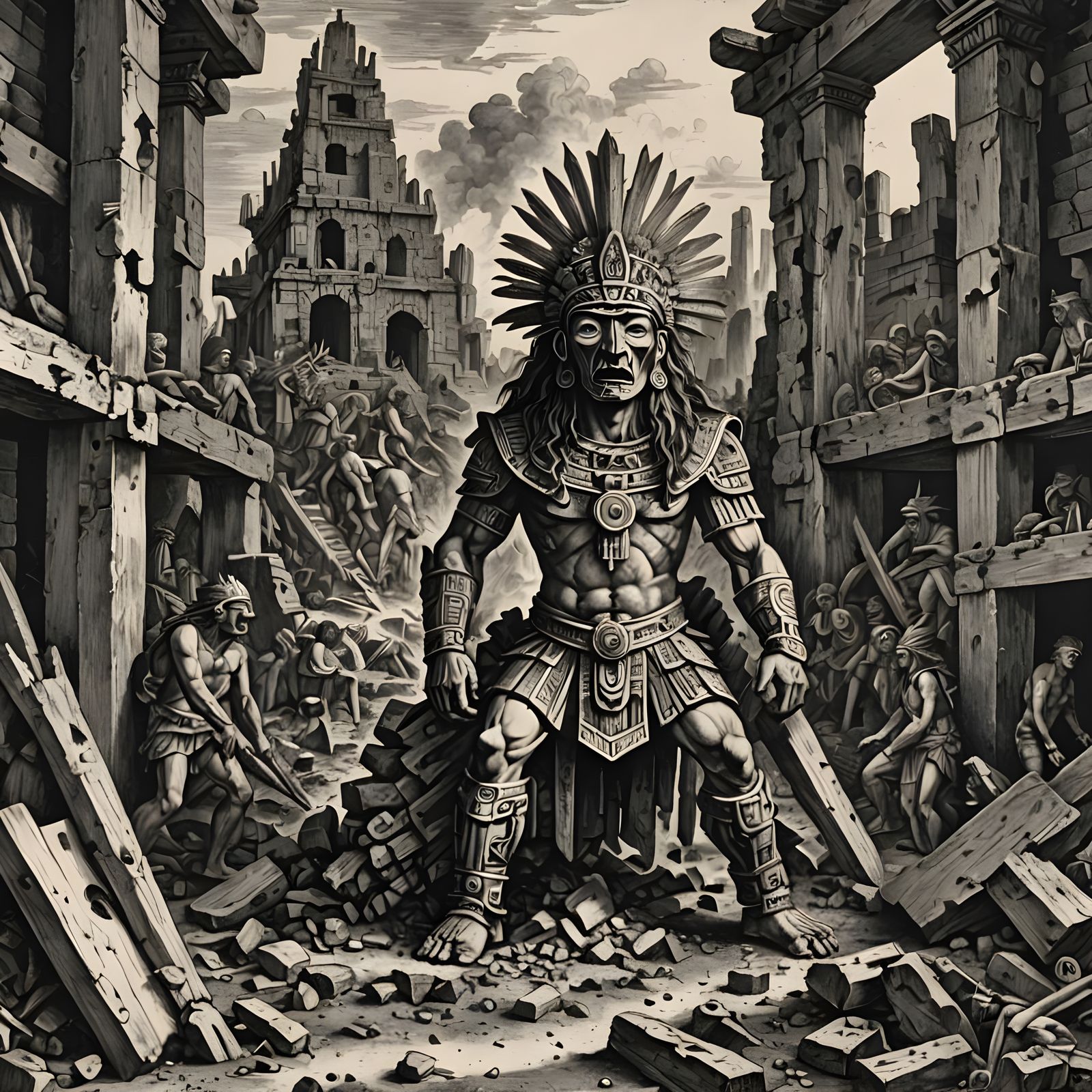 a rampaging Aztec idol in a ruined Aztec city