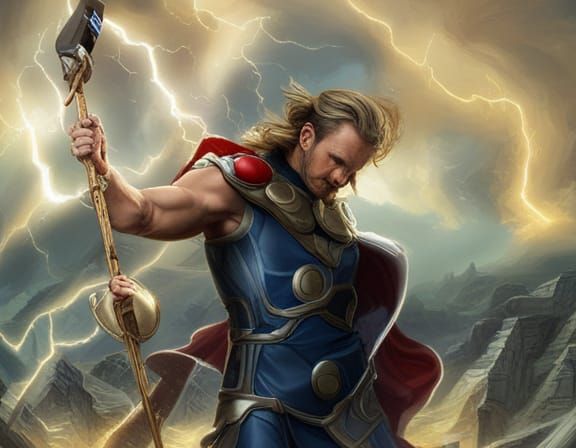 thor wields his hammer as a lightning bolt strikes from above. - AI ...