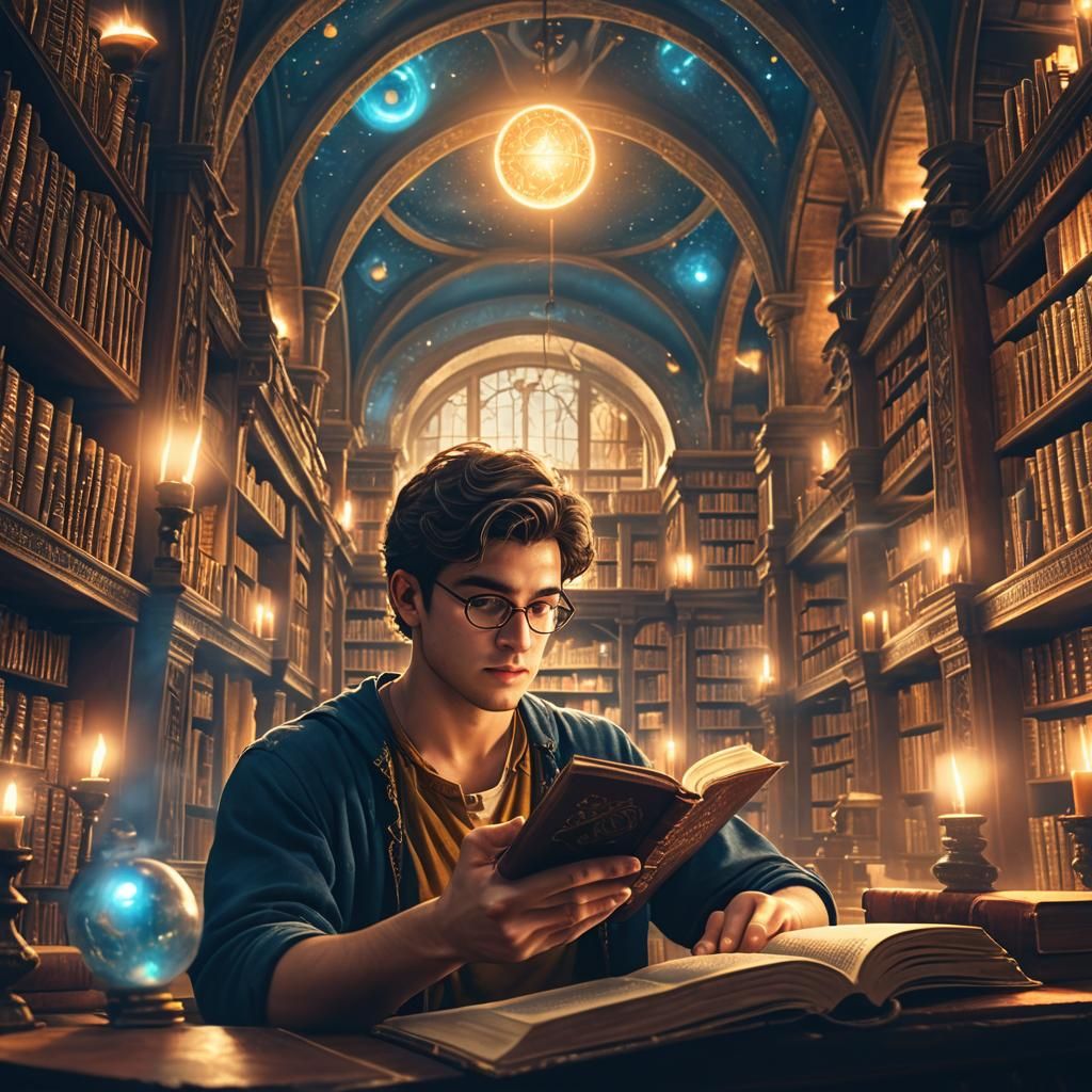 Mystical Library: Young Man Reading, Fantasy Art